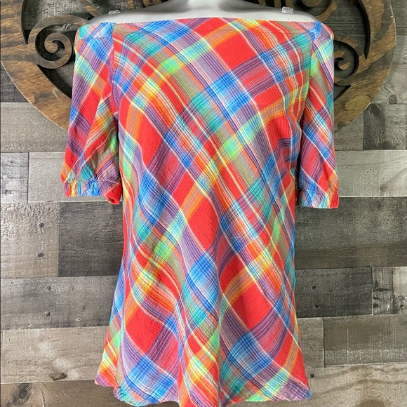 Ralph Lauren 90s y2k Plaid Off Shoulder Blouse Colorful Checkered Preppy - Picture 16 of 16